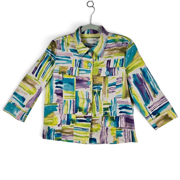 erin london Jackets & Blazers - Erin London Jacket Womens Medium Abstract Watercolor Teal Purple Multi Button Up